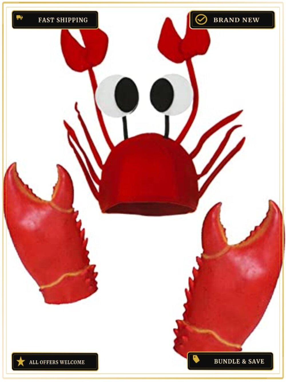 Unisex Novelty 3D Crab Hat & 14" Latex Claw Gloves Set Costume Accessory